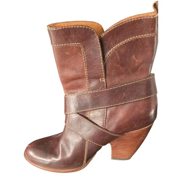 Frye Womens Andrea Ankle Boots Women's 6M Mid Brown Leather Buckle Heeled - Picture 3 of 7